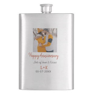 Modern boho happy anniversary add name date orange hip flask