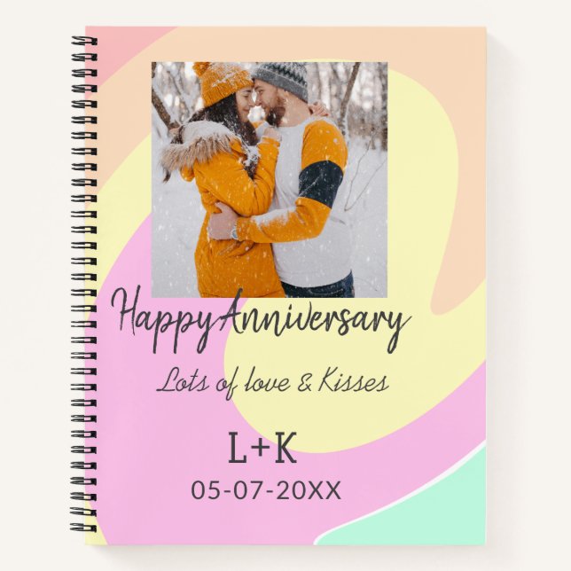 Modern boho happy anniversary add name date orange notebook (Front)