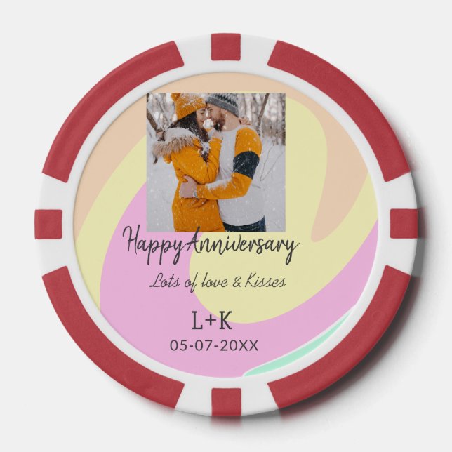 Modern boho happy anniversary add name date orange poker chips (Front)