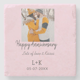 Modern boho happy anniversary add name date orange stone coaster