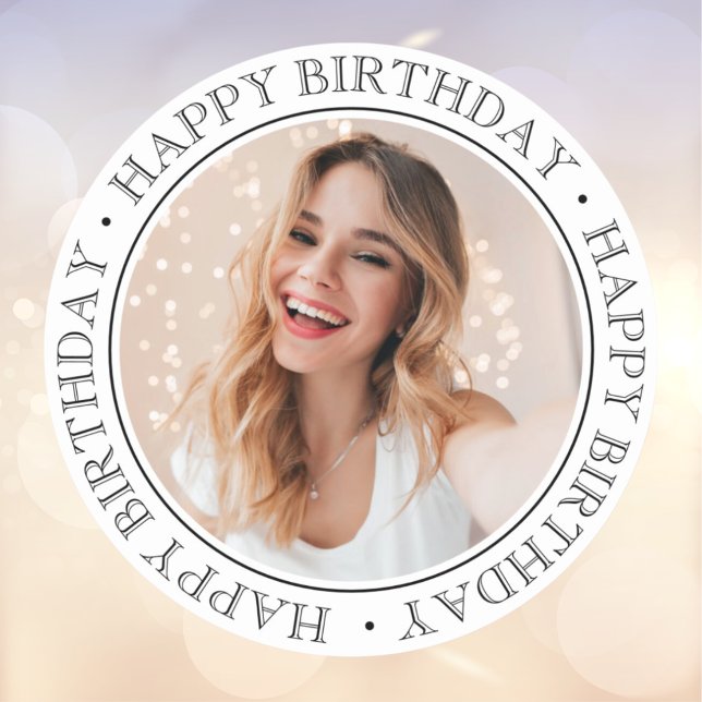 Modern Boho Happy Birthday black and white Photo  Classic Round Sticker (cute happy birthday sticker with modern typo and personalised photo)