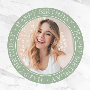 Modern Boho Happy Birthday sage green Photo Classic Round Sticker