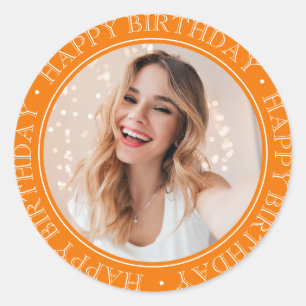 Modern Boho Happy Birthday Vintage Orange Photo  Classic Round Sticker