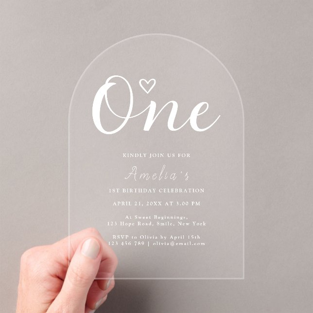 Modern Boho Heart White Script First Birthday Acrylic Invitations (Insitu (Handheld))