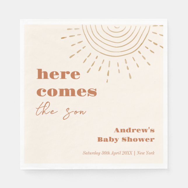 Modern Boho Here Comes The Son Baby Shower Napkin (Front)