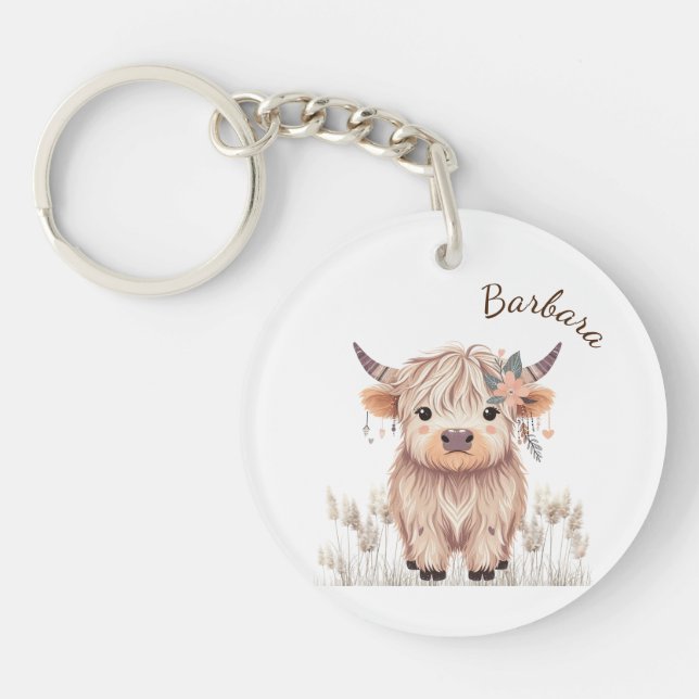 Modern Boho Highland Cow Key Ring (Front)