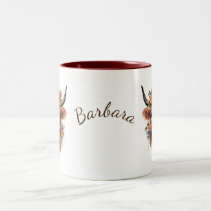 Modern Boho Highland Cow with Flowers Two-Tone Coffee Mug