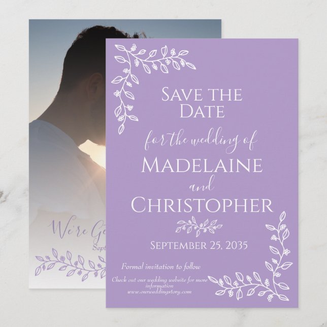 Modern Boho Lavender Botanical Photo Wedding Save The Date (Front/Back)