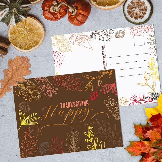 Modern Boho Line Art Fall Foliage Thanksgiving Postcard (Creator Uploaded)