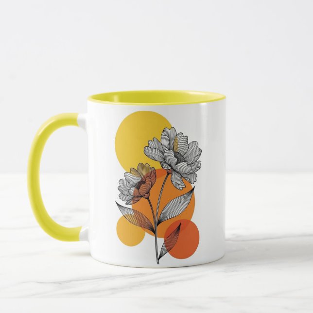 Modern Boho Line Art Floral Yellow Two-Tone Mug (Left)