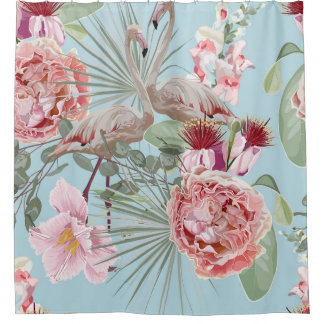 Modern boho luxurious garden Flamingo flowers blue Shower Curtain