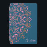 Modern Boho Mandala Medallion Teal Script Name  iPad Mini Cover<br><div class="desc">A modern spin on a classic mandala motif in pink and orange on a dark teal background,  personalised with your name.</div>