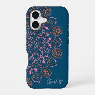 Modern Boho Mandala Medallion Teal Script Name iPhone 16 Case