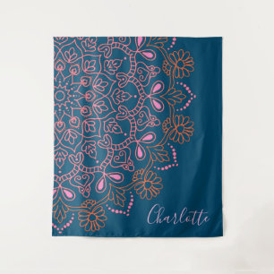 Modern Boho Mandala Medallion Teal Script Name  Tapestry