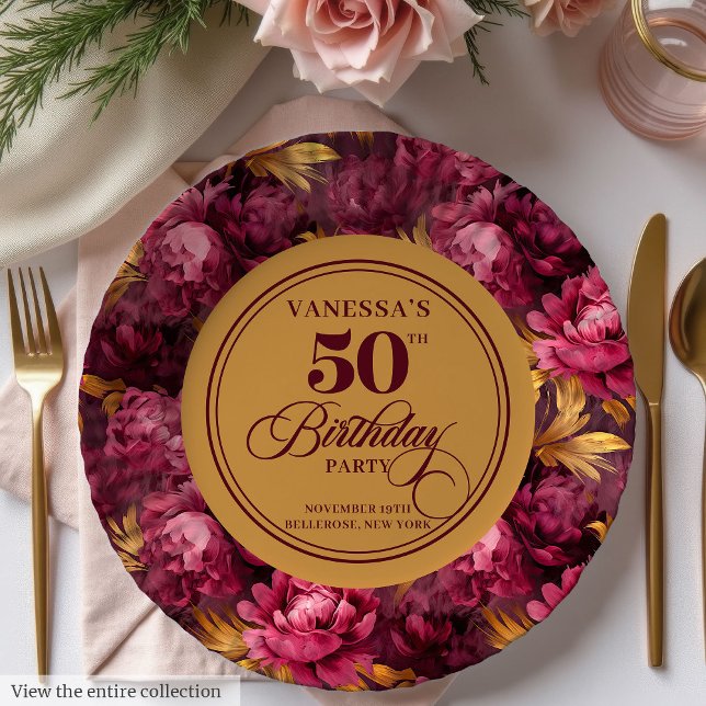 Modern Boho Maroon Blush Gold 50th Birthday Plate (Modern Boho Maroon Blush Gold 50th Birthday Plate)