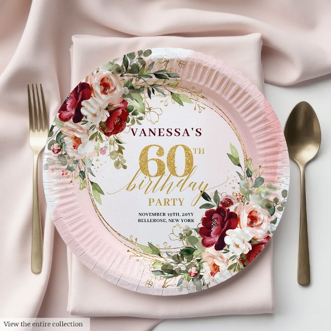 Modern Boho Maroon Blush Gold Floral Paper Plates (Modern Boho Maroon Blush Gold Floral Paper Plates

)