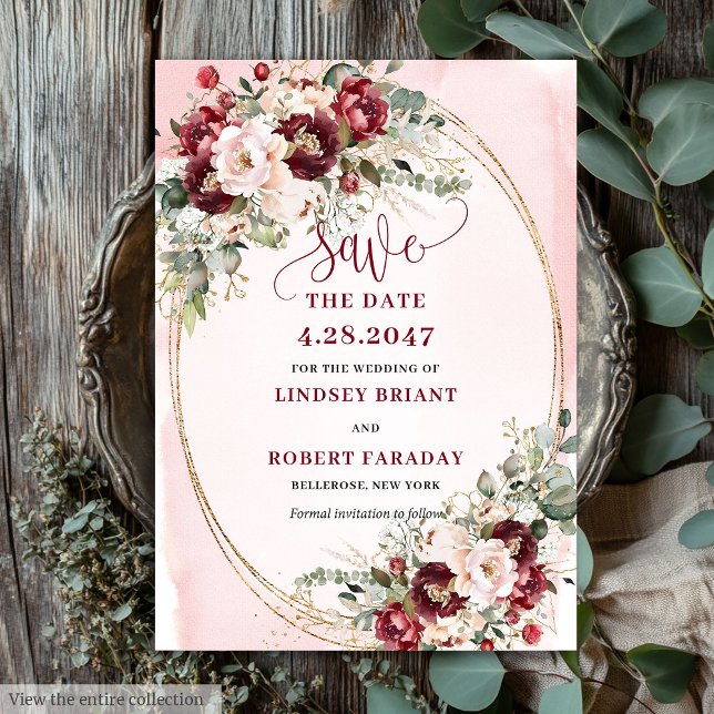 Modern Boho Merlot Blush Gold Floral Save Date Invitation (Modern Boho Merlot Blush Gold Floral Save Date)
