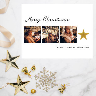 Modern Boho Merry Christmas 3 Photo Collage Holiday Postcard