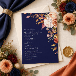Modern Boho Midnight Blue Burnt Orange Wedding Invitation
