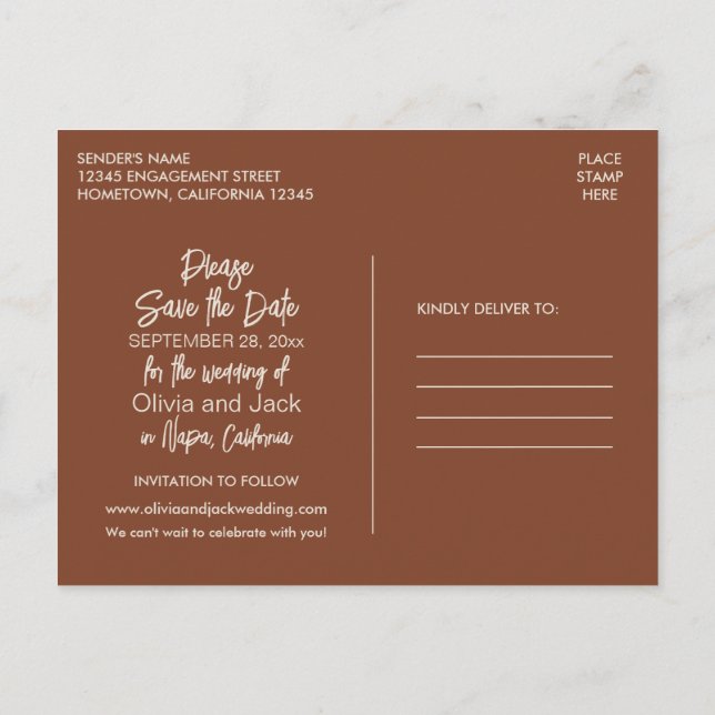 Modern Boho Minimalist Russet Brown Save the Date Postcard (Back)