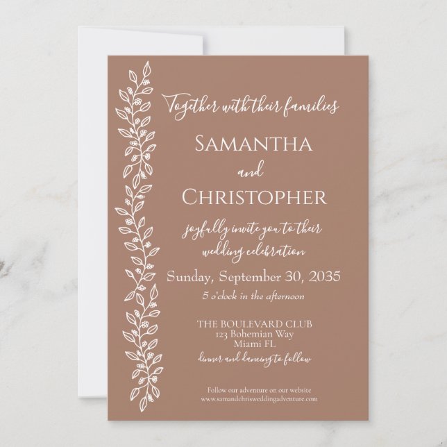 Modern Boho Mocha Mousse Botanical Minimal Wedding Invitation (Front)