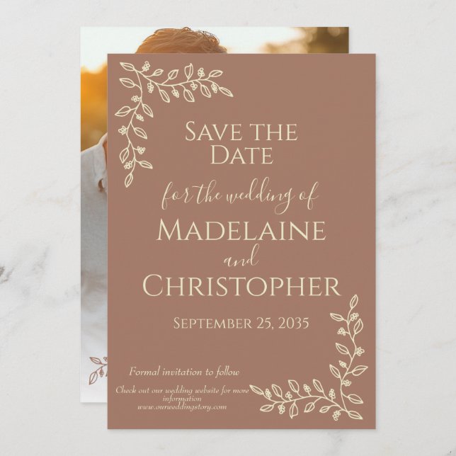 Modern Boho Mocha Mousse Botanical Photo Wedding Save The Date (Front/Back)