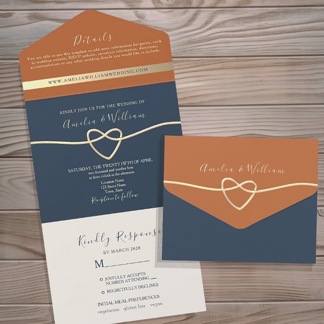 Modern Boho Navy Blue and Terracotta Wedding All In One Invitation (Creator Uploaded)
