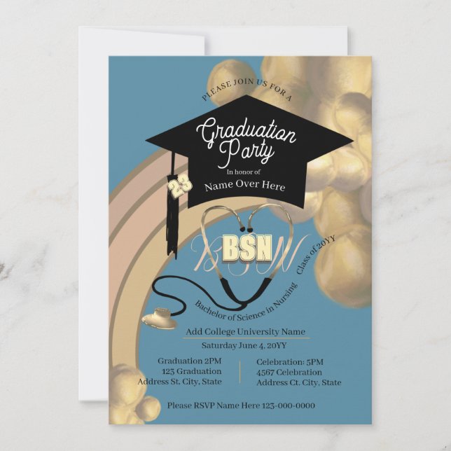 Modern Boho Neutral Arc Blue Nurse Grad Party Invitation (Front)