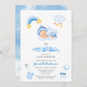 Modern Boho Nursery  Watercolor Blue It`s boy Baby Invitation