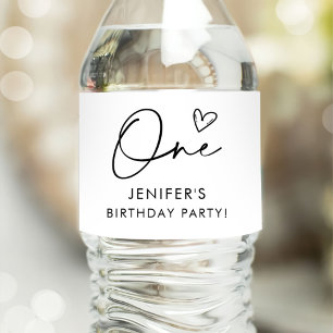 Modern Boho One Heart First Birthday Water Bottle Label