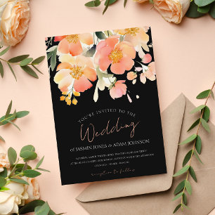 Modern Boho Orange Peach and Black Floral Wedding Invitation