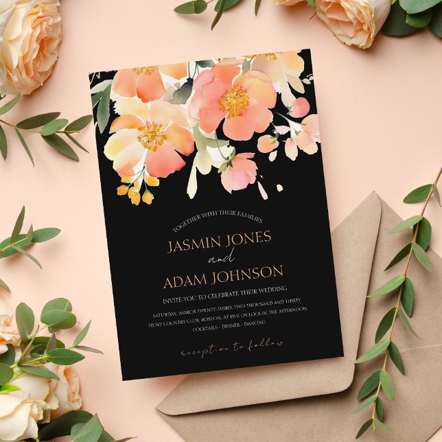 Modern Boho Orange Peach and Black Floral Wedding Invitation (Creator Uploaded)