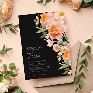 Modern Boho Orange Peach and Black Floral Wedding Invitation