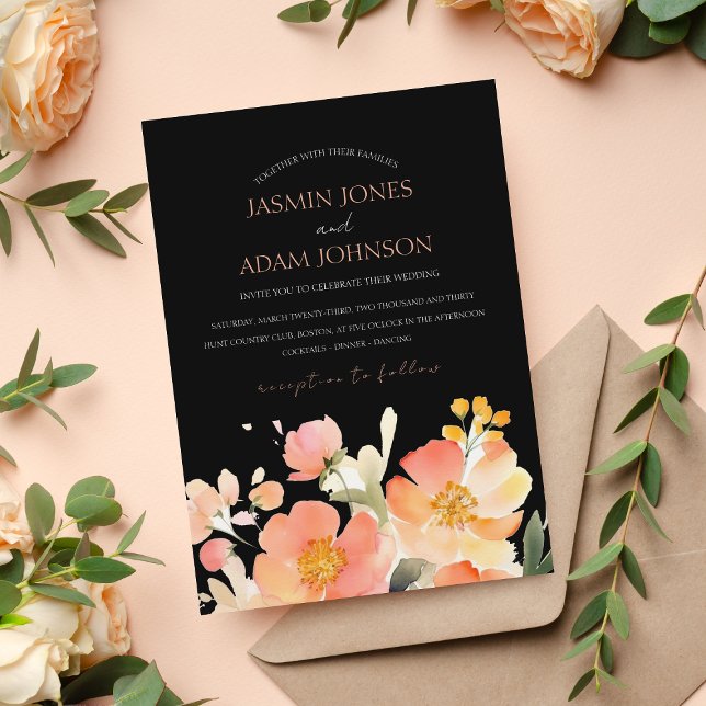 Modern Boho Orange Peach and Black Floral Wedding Invitation (Creator Uploaded)