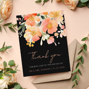 Modern Boho Orange Peach and Black Floral Wedding Thank You Card