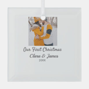 Modern boho our first Christmas photo couple name Glass Tree Decoration
