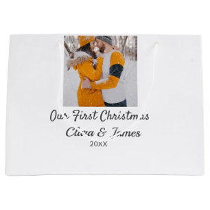 Modern boho our first Christmas photo couple name Large Gift Bag