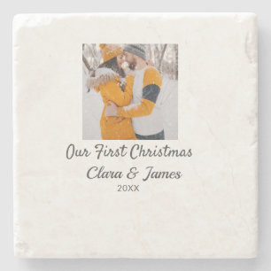 Modern boho our first Christmas photo couple name Stone Coaster