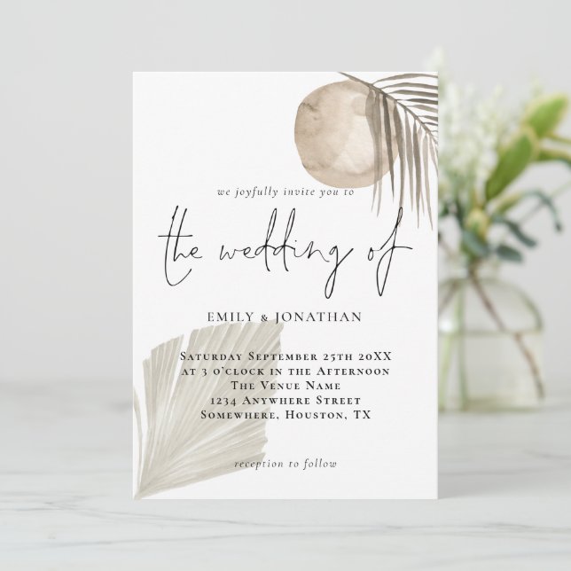 Modern Boho Pampas Grass Beige Wedding Invitation (Standing Front)