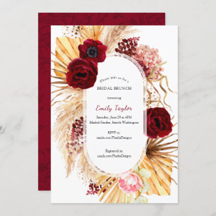 Modern Boho Pampas Grass Burgundy Bridal Brunch Invitation