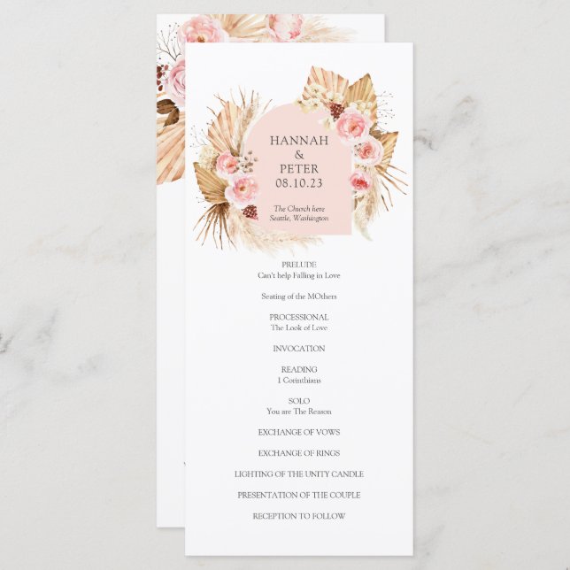 Modern Boho Pampas Grass Floral  Wedding Program (Front/Back)
