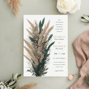 Modern Boho Pampas Grass Leaf Bouquet Wedding Invitation