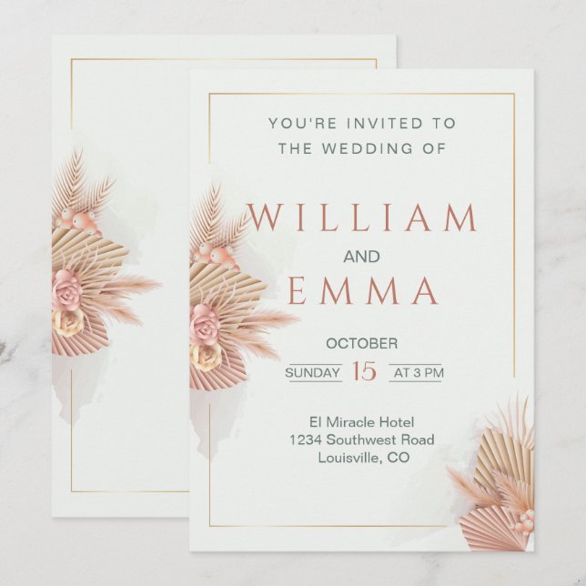 Modern Boho Pampas Grass Wedding Invitation (Front/Back)