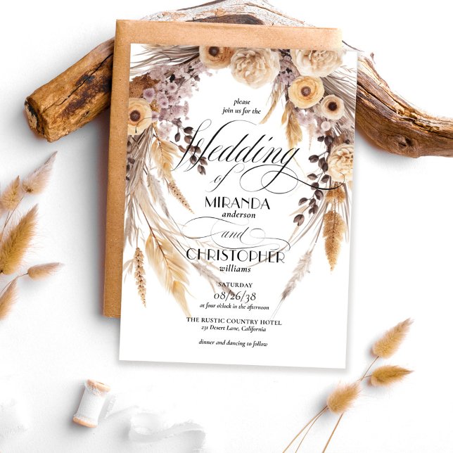 Modern Boho Pampas Grass Wreath Rustic Wedding Invitation (Creator Uploaded)