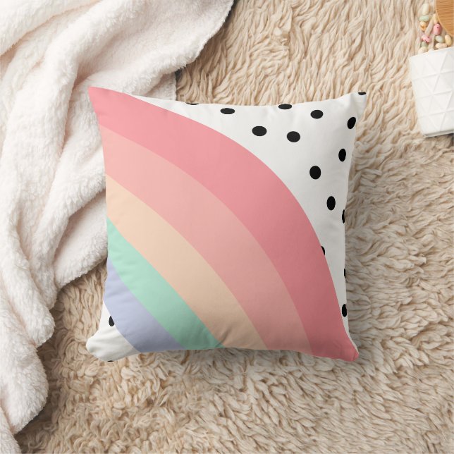 Modern Boho Pastel Rainbow and Black Polka Dot Cushion (Blanket)