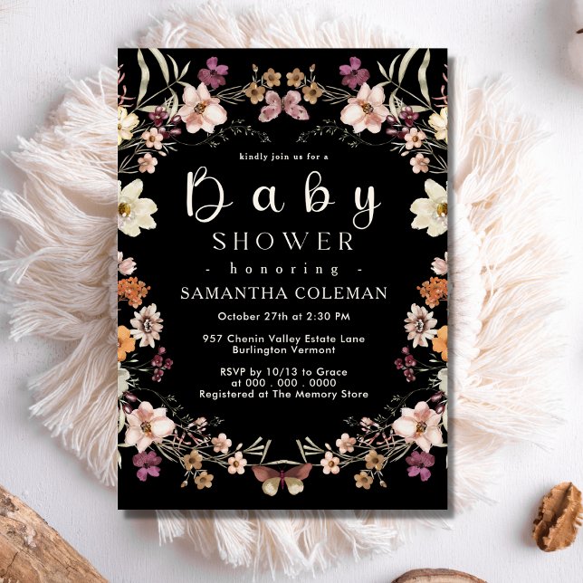 Modern Boho Pastel Wildflower Black Baby Shower Invitation (Creator Uploaded)