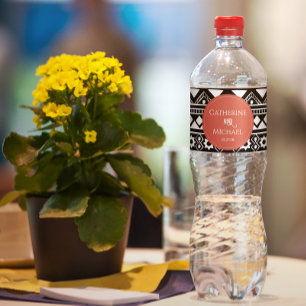 Modern Boho Pattern Coral Wedding Water Bottle Label