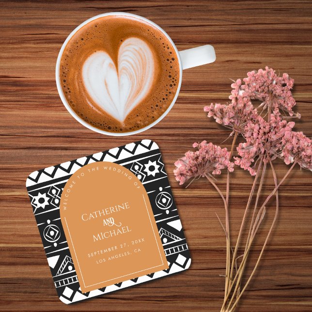 Modern Boho Pattern Wedding Arch Burnt Orange Square Paper Coaster (Creator Uploaded)