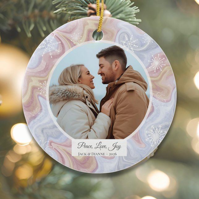 Modern Boho Personalised Round Photo Ornament (Modern Boho Circle Ceramic Holiday Photo Ornament)