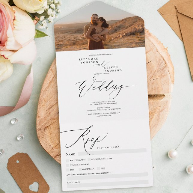 Modern boho photo chic calligraphy wedding all in one invitation (Creator Uploaded)